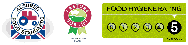 Logos: Red Tractor, Pasture for Life, Food Hygiene
